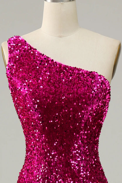 Mermaid One Shoulder Open Back Fuchsia Prom Dress