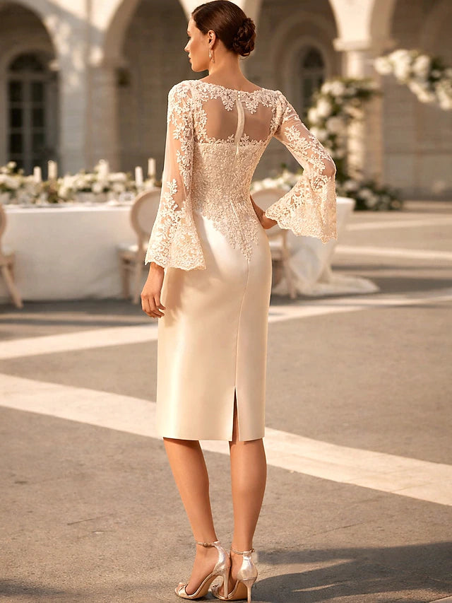 Sheath Column Knee Length Party Dress Cocktail Dress Wedding Guest Dress Mother of the Bride Dress Long Sleeve Jewel Neck Elegant Vintage Luxurious Wedding Guest Satin Lace with Appliques