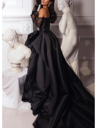 A-Line Evening Gown Black Dress Plus Size Dress Carnival Masquerade Court Train Sleeveless Strapless Wednesday Addams Family Satin with Slit Pure Color Prom dress