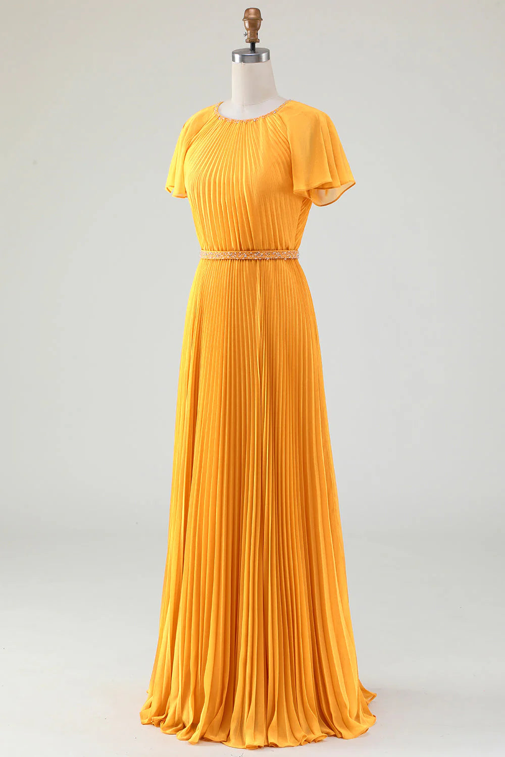 A-Line Round Neck Pleated Yellow Mother Of Bride Dress With Short Sleeves