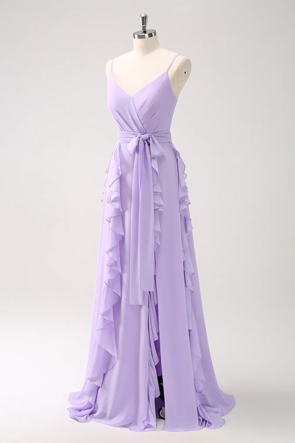 Lilac Chiffon Spaghetti Straps Long Bridesmaid Dress With Slit