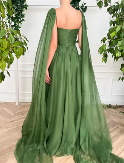 A-Line Evening Gown Elegant Dress Wedding Party Court Train Sleeveless V Neck Fall Wedding Guest Chiffon with Ruched dress