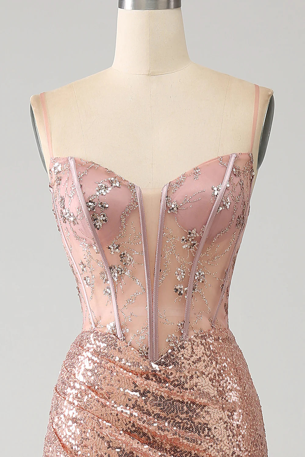 Rose Gold Mermaid Beaded Ruched Sequin Corset Prom Dress With Side Slit