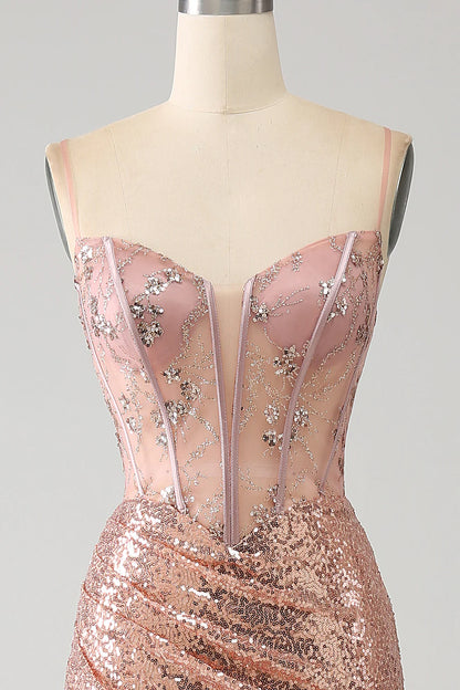 Rose Gold Mermaid Beaded Ruched Sequin Corset Prom Dress With Side Slit