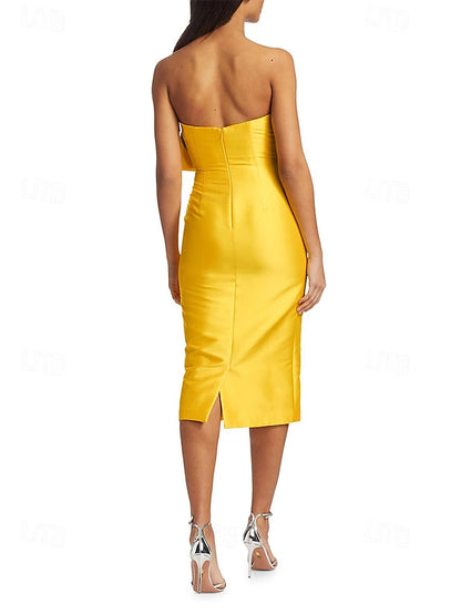 Sheath / Column Cocktail Dresses Wedding Guest Dress Formal Wedding Tea Length Sleeveless V NeckDress Satin with Bow(s)