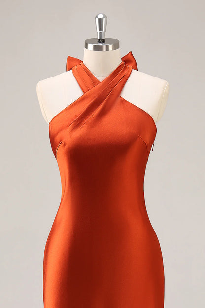Rust Halter Satin Mermaid Long Bridesmaid Dress with Bow