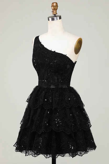 Gorgeous Black One Shoulder Homecoming Dress With Appliques