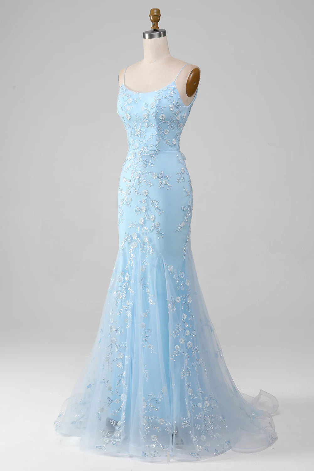 Sparkly Light Blue Beaded Mermaid Long Prom Dress