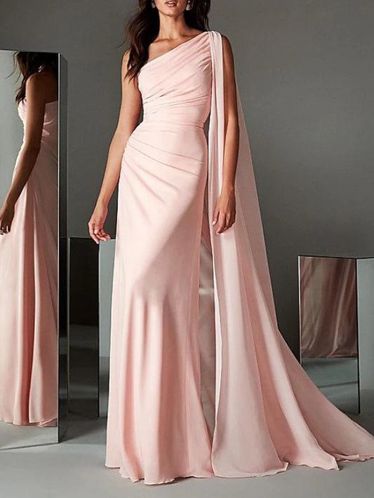 Beach Wedding Sheath Evening Gown Elegant Dress Engagement Formal Evening Sweep / Brush Train Sleeveless One Shoulder Chiffon with Sleek Masquerade Dress