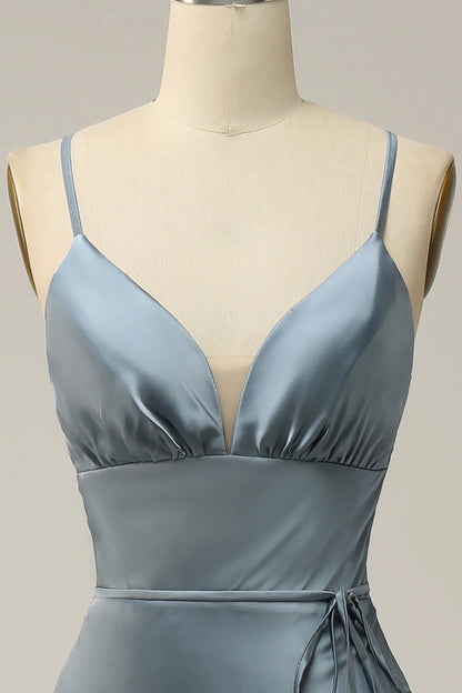 Spaghetti Straps Satin Grey Blue Prom Dress