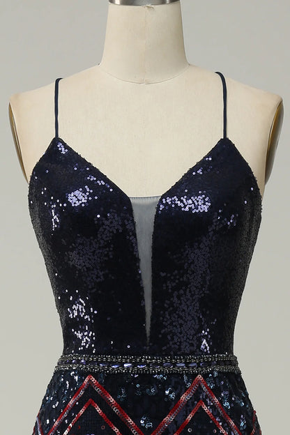 Navy Sequin Spagahetti Straps Prom Dress With Criss Cross Back