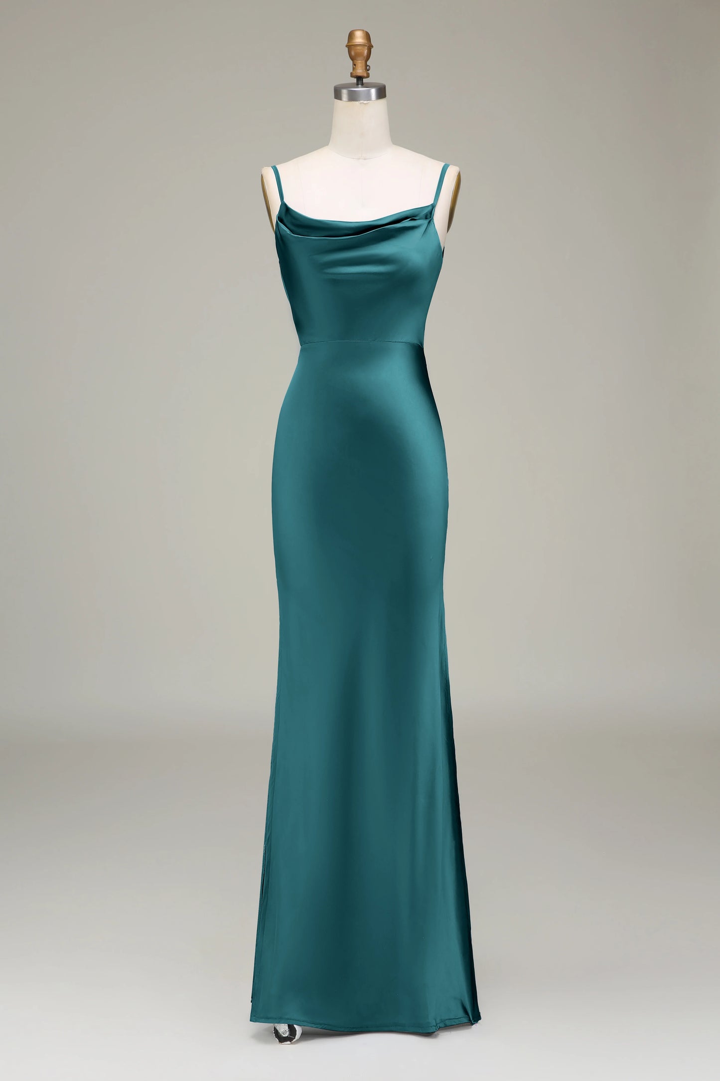 Satin Sheath Spaghetti Straps Long Bridesmaid Dress