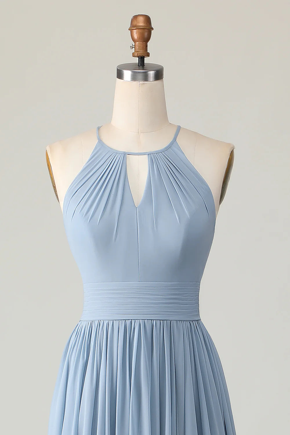 Dusty Blue Ruched Chiffon Halter Long Bridesmaid Dress with Keyhole