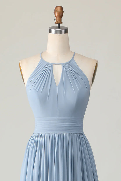 Dusty Blue Ruched Chiffon Halter Long Bridesmaid Dress with Keyhole