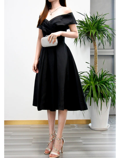 A-Line Cocktail Dresses Elegant Dress Wedding Guest Homecoming Tea Length Short Sleeve V Neck Stretch Fabric V Back with Pleats