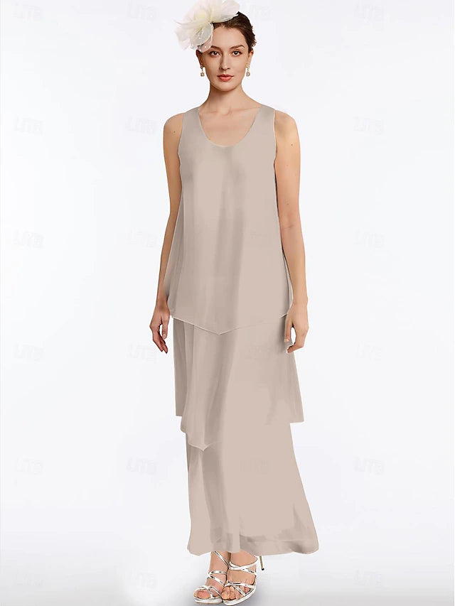Beach Wedding Sheath Mother of the Bride Dress Elegant Simple V Neck Ankle Length Chiffon Sleeveless with Tier Solid Color