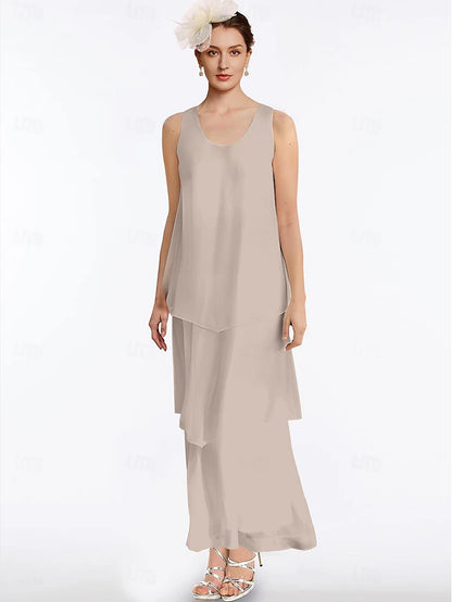 Beach Wedding Sheath Mother of the Bride Dress Elegant Simple V Neck Ankle Length Chiffon Sleeveless with Tier Solid Color