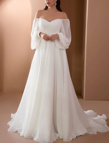 Beach Vintage Wedding Dresses Off Shoulder Long Sleeve Court Train Chiffon Bridal Gowns With Pleats Beading