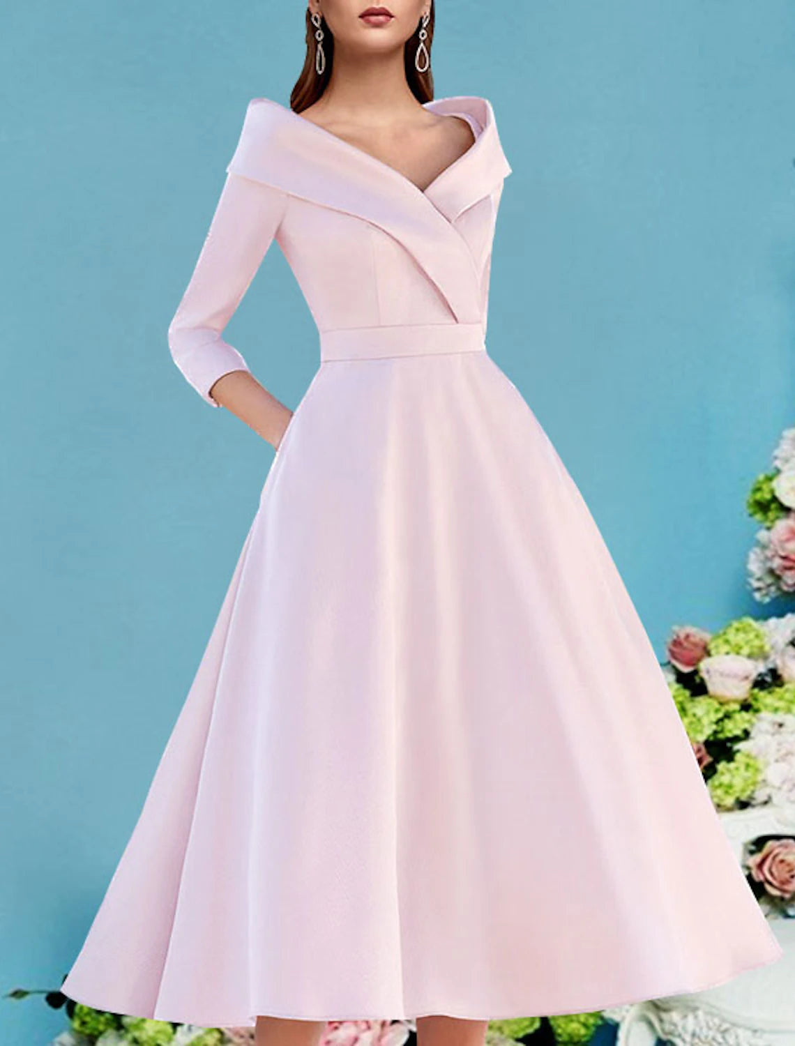 A-Line Mother of the Bride Dress Wedding Guest Elegant Vintage V Neck Tea Length Satin 3/4 Length Sleeve with Pleats