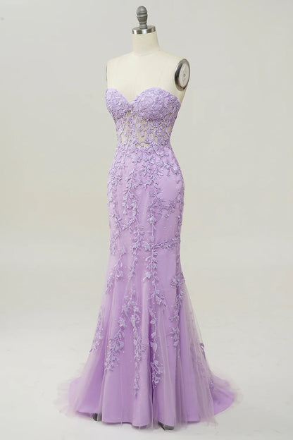 Lilac Strapless Prom Dress With Appliques