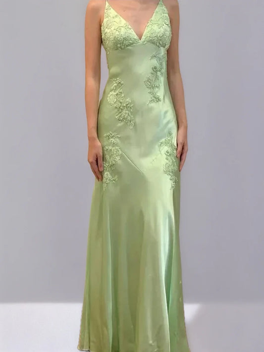 Sheath/Column Spaghetti Straps Backless Sleeveless Prom Dresses with Appliques & Self-tie