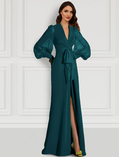 Mermaid / Trumpet Evening Gown Elegant Dress Formal Wedding Guest Sweep / Brush Train Long Sleeve V Neck Fall Wedding Guest Chiffon with Slit Strappy dress