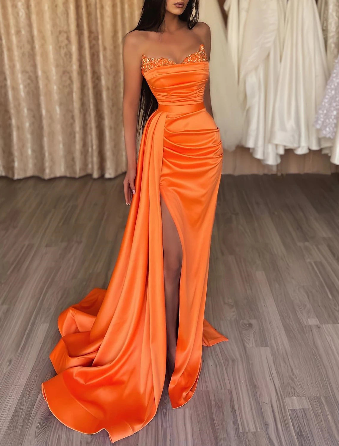 Mermaid Ruched Evening Dress Wedding Guest Satin Dress Cocktail Party Prom Court Train Sleeveless Strapless Bridesmaid Dress with Beading Sequin Pure Color dress to impress