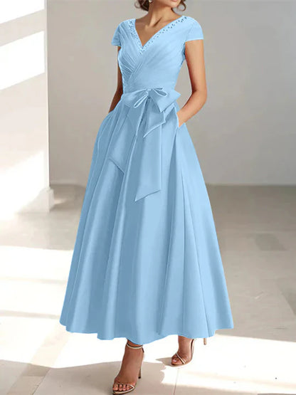 A-Line/Princess V-Neck Short Sleeves Ankle-Length Mother of the Bride Dresses With Pockets