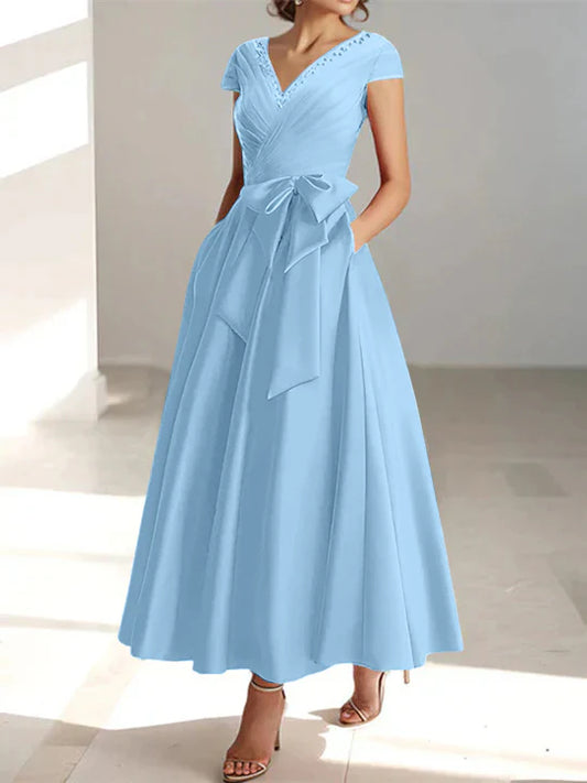 A-Line/Princess V-Neck Short Sleeves Ankle-Length Mother of the Bride Dresses With Pockets
