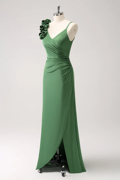 Olive Green Pleated Satin Bridesmaid Dress With Slit