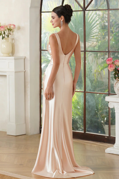 Champagne Satin V-neck Sheath Long Prom Dress with Slit