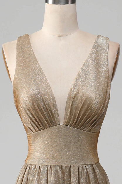 Glitter V-Neck Golden Prom Dress With Slit