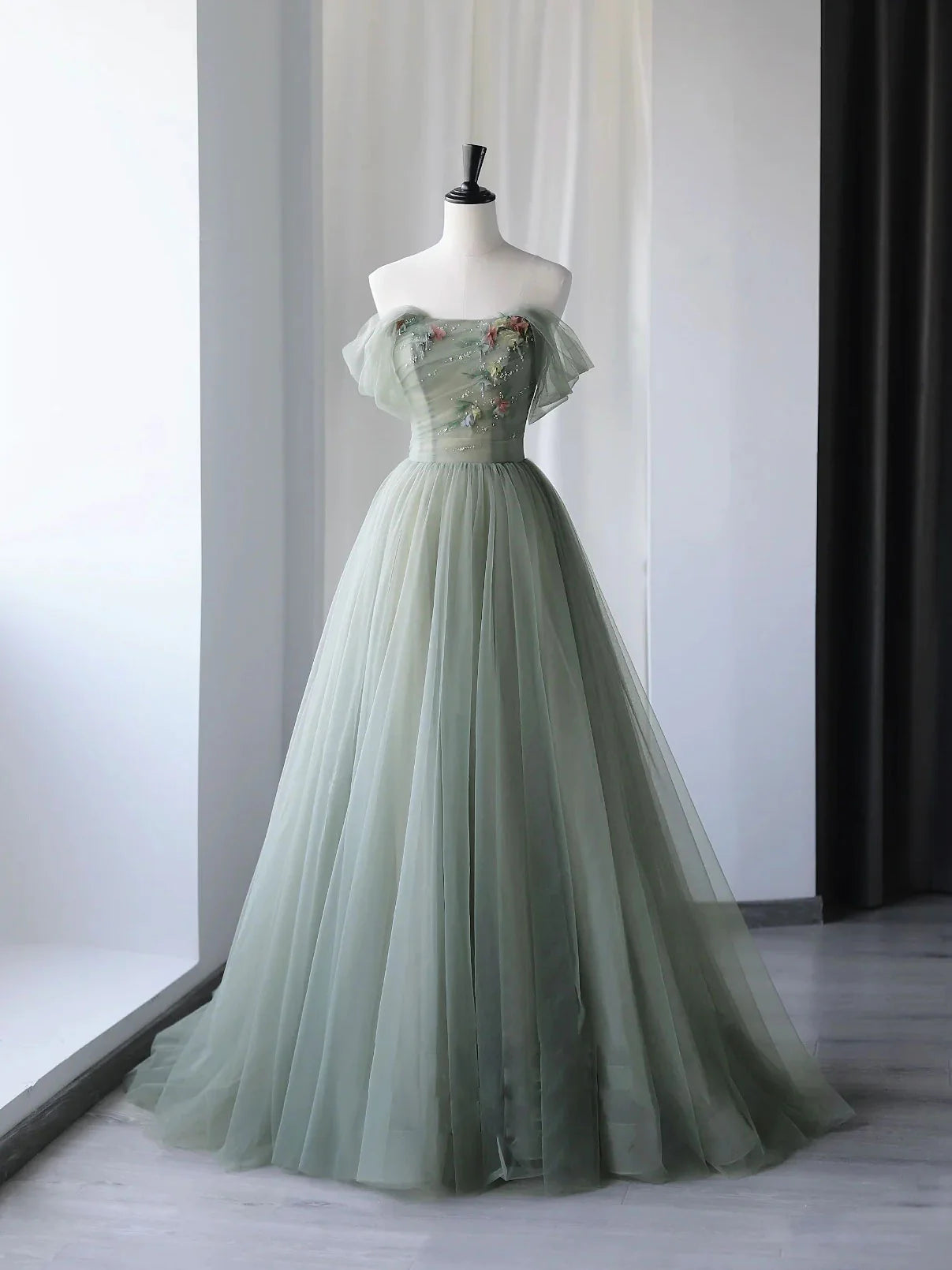 Tulle Off Shoulder Long Prom Dress Formal Graduation Dresses