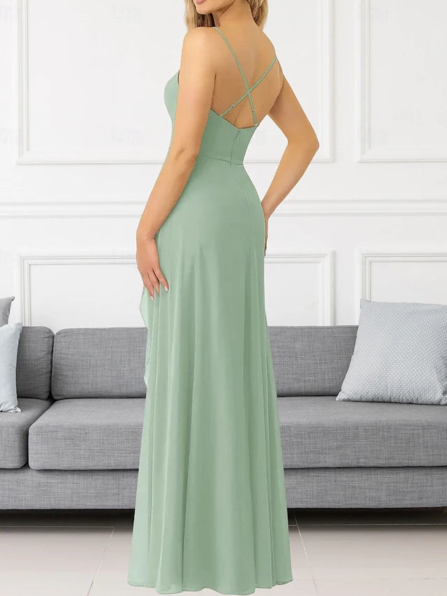 A-Line Bridesmaid Dress V Neck / Spaghetti Strap Sleeveless Elegant Floor Length Chiffon with Ruffles / Split Front / Ruching