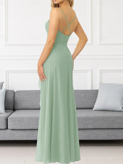 A-Line Bridesmaid Dress V Neck / Spaghetti Strap Sleeveless Elegant Floor Length Chiffon with Ruffles / Split Front / Ruching