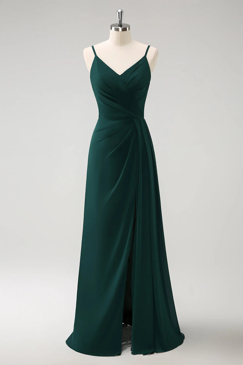 Dark Green A Line Spaghetti Straps Ruched Long Bridesmaid Dress with Slit