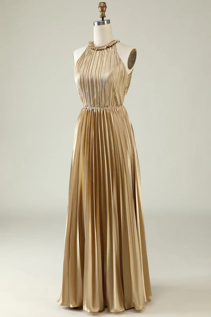 A Line Halter Light Yellow Pleated Long Bridesmaid Dress