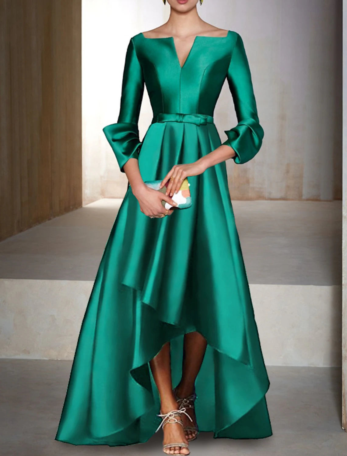 A-Line Evening Gown Elegant Dress Formal Wedding Guest Floor Length 3/4 Length Sleeve V Neck Satin with Bow(s) Christmas Dress