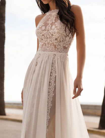 Beach Wedding Dresses A-Line Halter Neck Sleeveless Sweep / Brush Train Chiffon Bridal Gowns With Embroidery