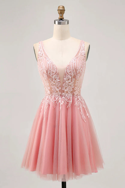 Sparkly Blush V-Neck Beaded Short Tulle Homecoming Dress