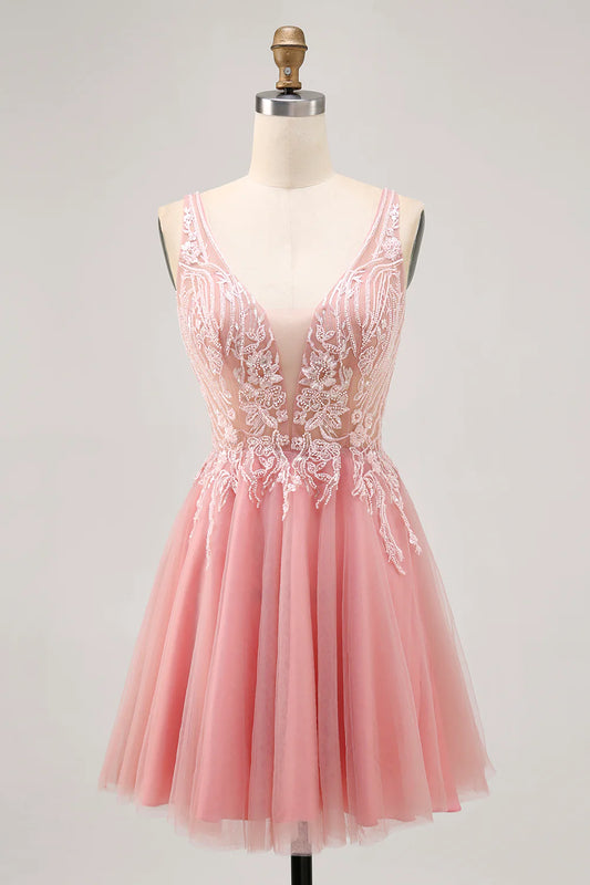 Sparkly Blush V-Neck Beaded Short Tulle Homecoming Dress