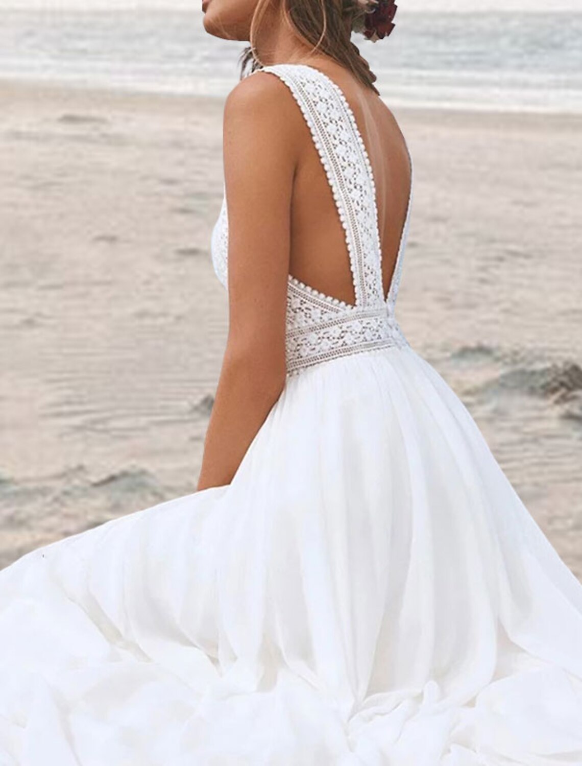 Beach Open Back Boho Wedding Dresses A-Line V Neck Sleeveless Floor Length Chiffon Bridal Gowns