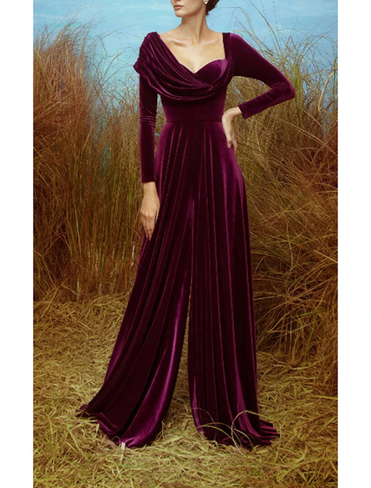 Jumpsuits Evening Gown Elegant Dress Formal Evening Sweep / Brush Train Long Sleeve Sweetheart Fall Wedding Guest Velvet V Back with Pleats Slit dress