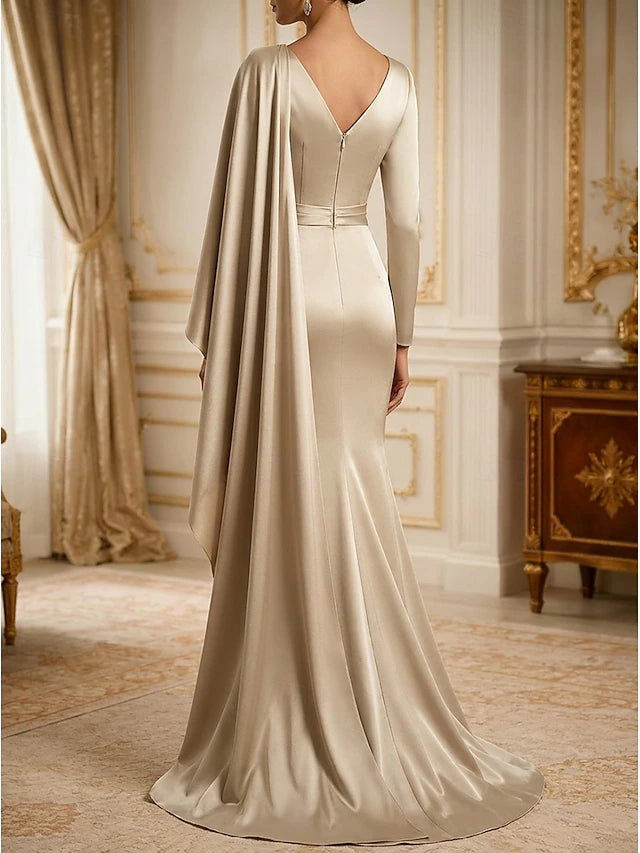 Sheath Column Sweep Brush Train Evening Gown Formal Dress Elegant Celebrity Style Silky Sleeveless V Neck Wedding Formal Capes Satin with Pleats Ruched Ruffles