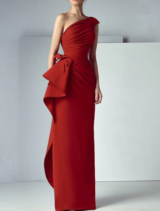 Sheath / Column Beautiful Back Elegant Engagement Formal Evening Dress One Shoulder Sleeveless Floor Length Satin with Draping dress