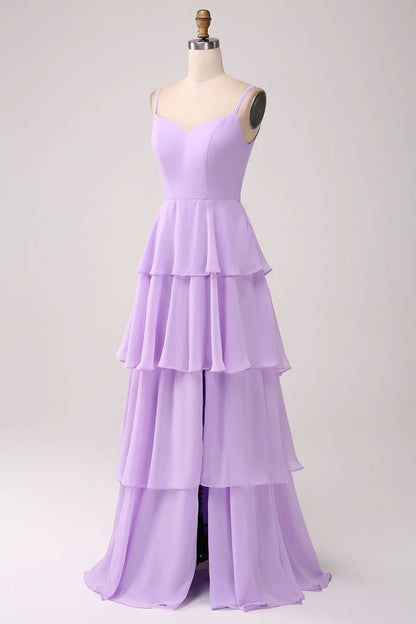 A Line Spaghetti Straps Tiered Chiffon Lilac Bridesmaid Dress With Slit