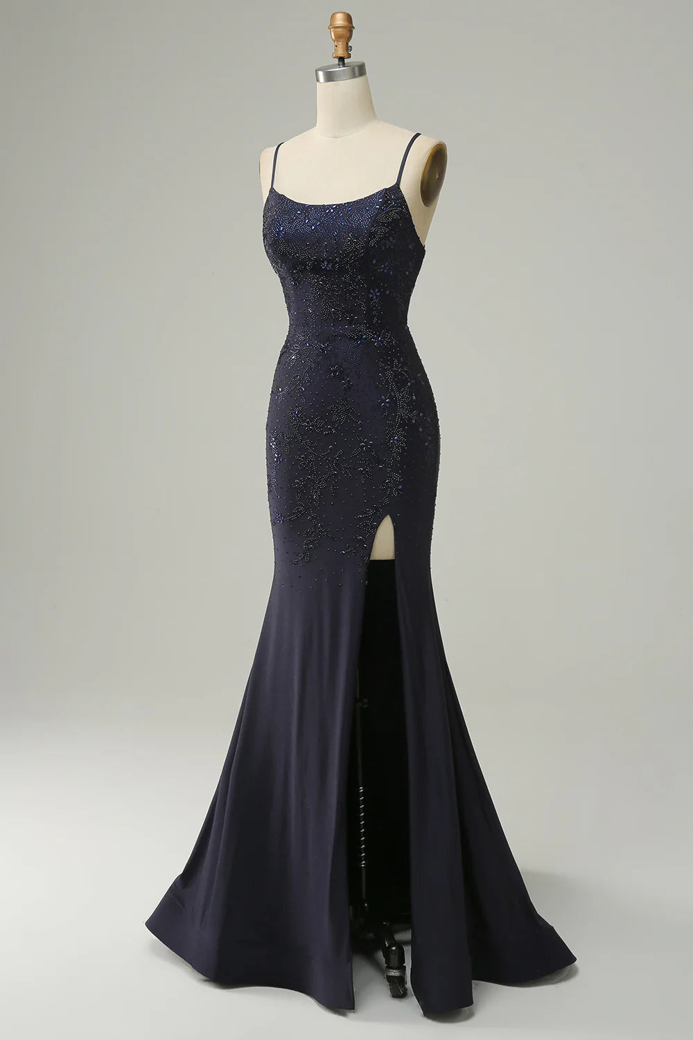 Navy Strapless Sweetheart Beaded Prom Dress With Split