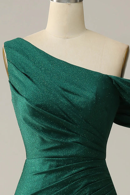 Dark Green One Shoulder Mermaid Satin Prom Dress With Slit