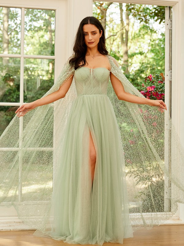 A-Line/Princess Tulle Ruched Straps Long Sleeves Floor-Length Dresses