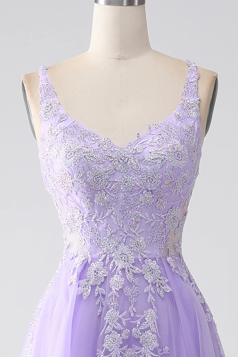 Lilac A-Line Spaghetti Straps Tulle Long Prom Dress With Appliques